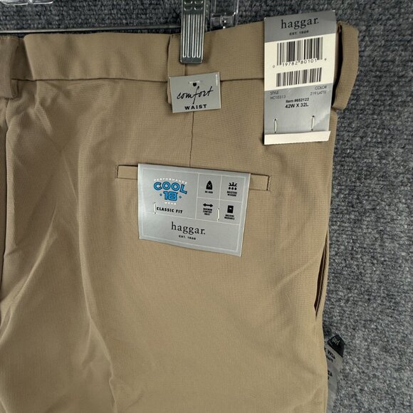 NWT HAGGAR Beige Pants 42x32 Cool 18 Khaki Slacks Polyester Comfort Waist Men - Picture 10 of 15